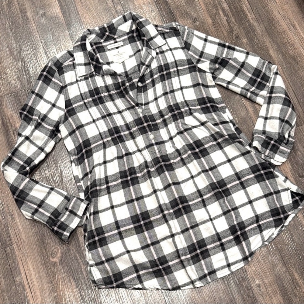 American Eagle Soft Plaid Tunic Shirt Top XS Black White Flowy Pockets